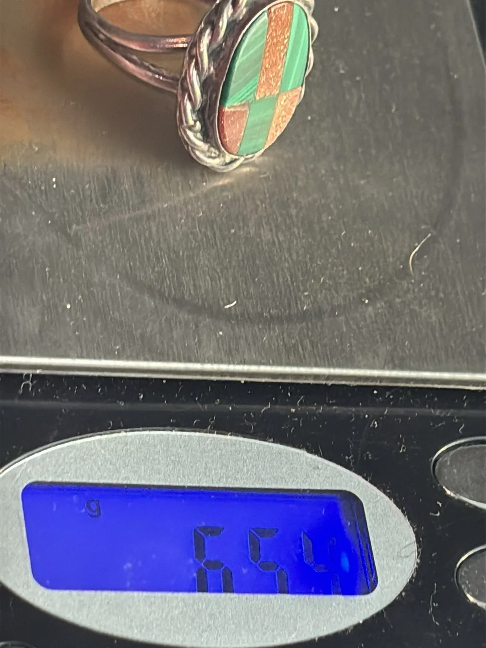 Sterling Silver Inlay Green Malachite and Copper Glitter Oval Ring